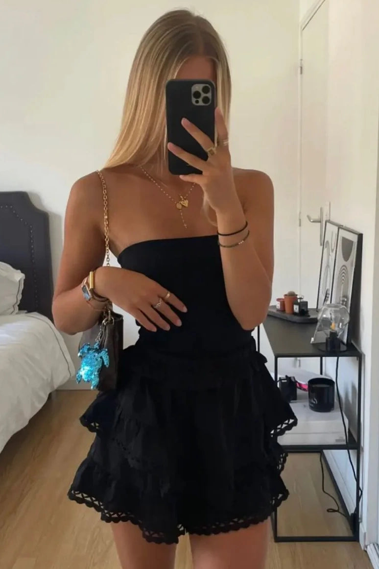 Black Strapless Empire Tiered A-Line Cute Homecoming Party Dress