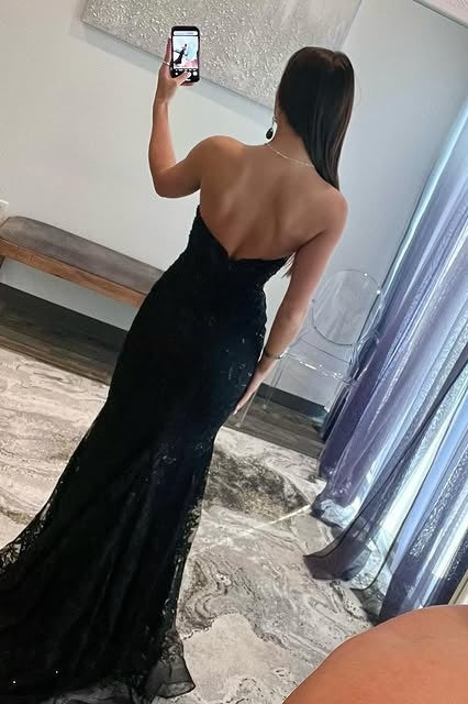Black Strapless Lace Mermaid Long Party Prom Dress