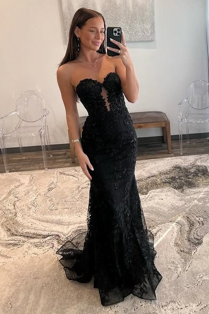 Black Strapless Lace Mermaid Long Party Prom Dress
