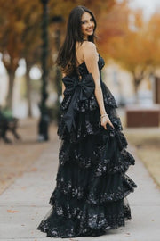 Black Sweetheart Strapless Tiered Lace Prom Dress