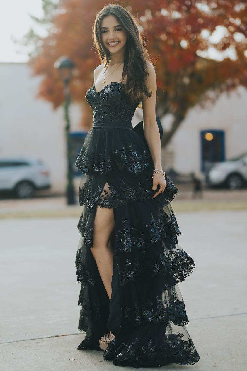 Black Sweetheart Strapless Tiered Lace Prom Dress