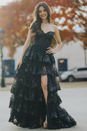 Black Sweetheart Strapless Tiered Lace Prom Dress