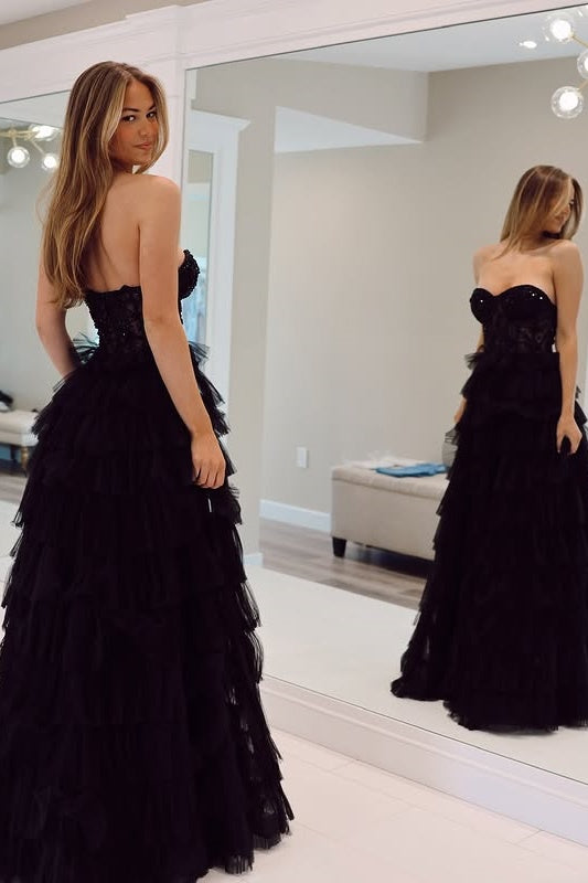 Black Sweetheart Strapless Tulle A-Line Tiered Party Prom Dress