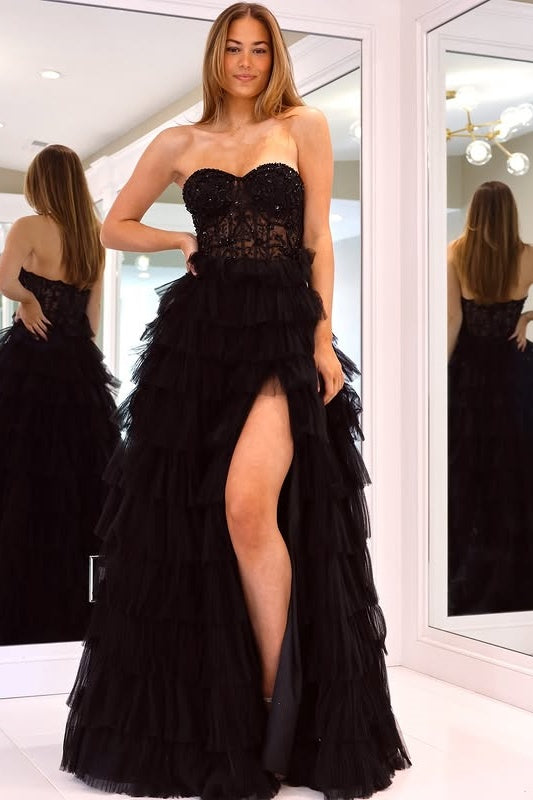 Black Sweetheart Strapless Tulle A-Line Tiered Party Prom Dress