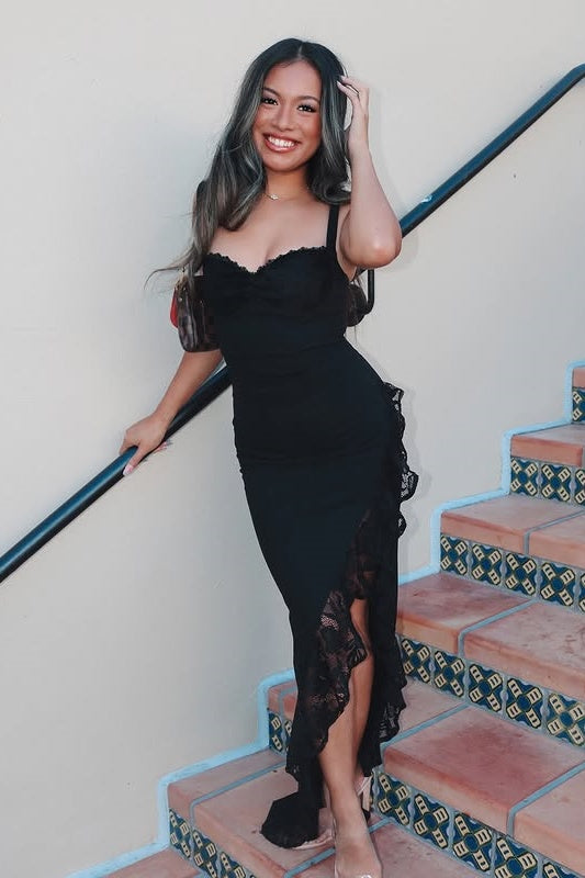 Black Sweetheart Straps Party Prom Dress With Lace Ruffle