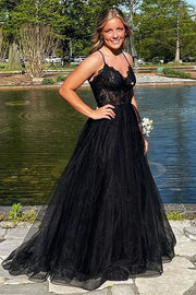 Black Tulle A-Line V-Neck Sleeveless Prom Dress