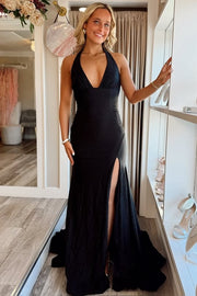 Black V-Neck Halter Open Back Mermaid Satin Party Prom Dress