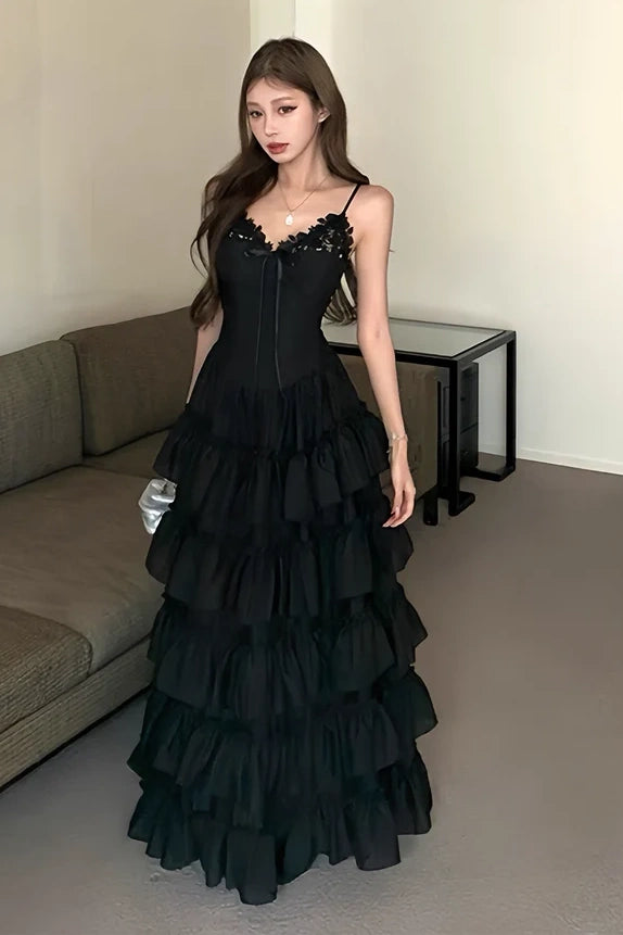 Black V-Neck Sleeveless Satin A-Line Tiered Party Prom Dress