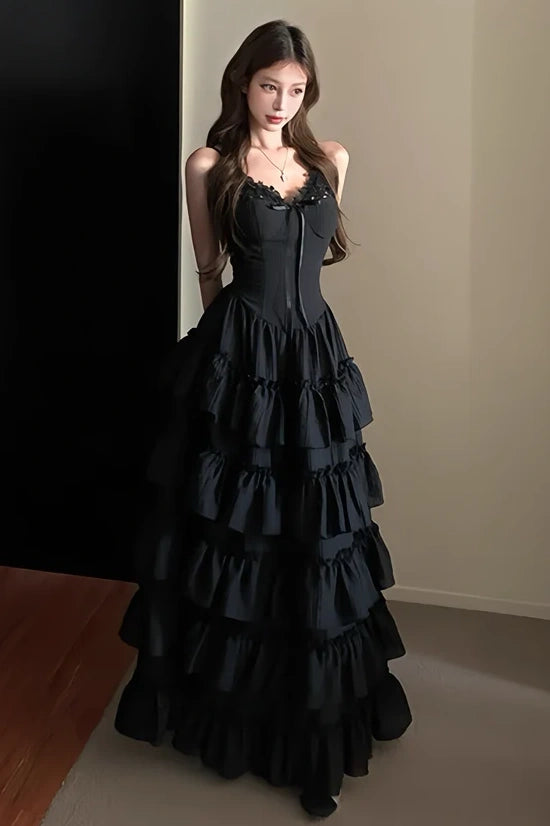 Black V-Neck Sleeveless Satin A-Line Tiered Party Prom Dress