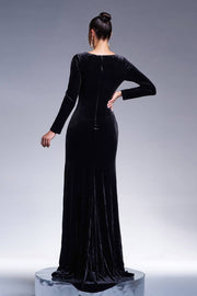 Black Velvet Mermaid Long Sleeves Beaded Party Evening Dress