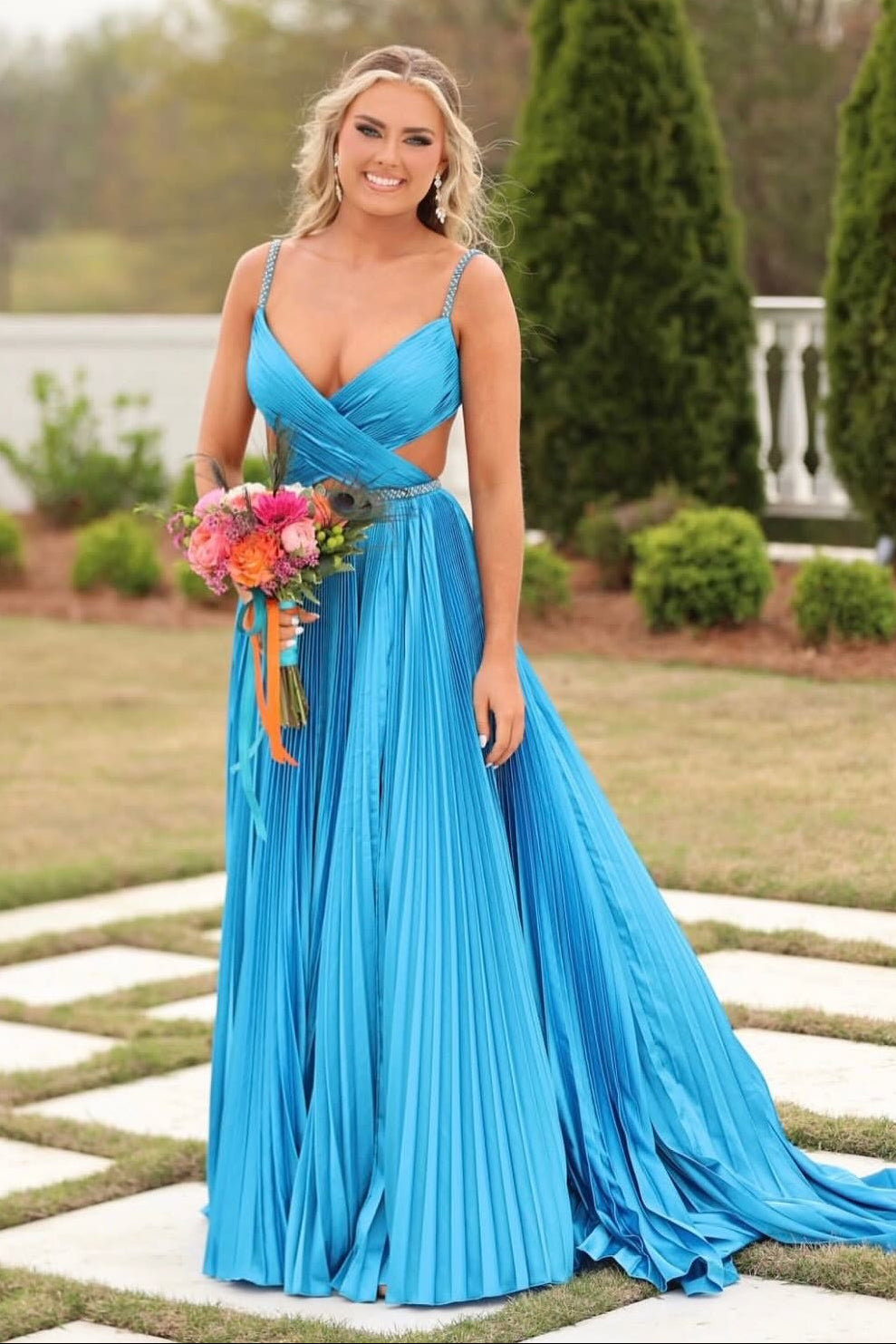 Blue A-Line V-Neck Cut Out Satin A-Line Pleated Party Prom Dress