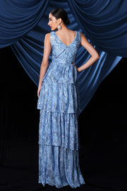 Blue A-Line V-Neck Sleeveless Tiered Party Prom Dress