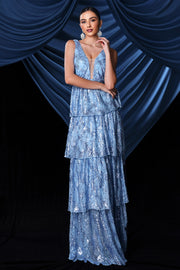 Blue A-Line V-Neck Sleeveless Tiered Party Prom Dress