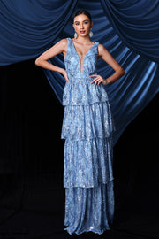 Blue A-Line V-Neck Sleeveless Tiered Party Prom Dress