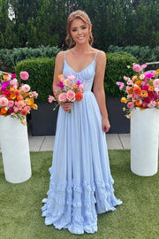 Blue Chiffon A-Line V-Neck Sleeveless Ruffle Bridesmaid Dress
