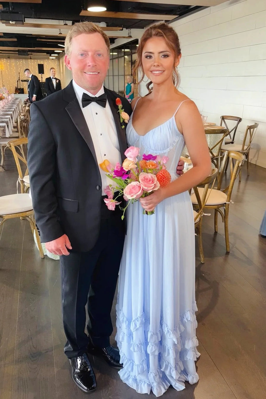 Blue Chiffon A-Line V-Neck Sleeveless Ruffle Bridesmaid Dress