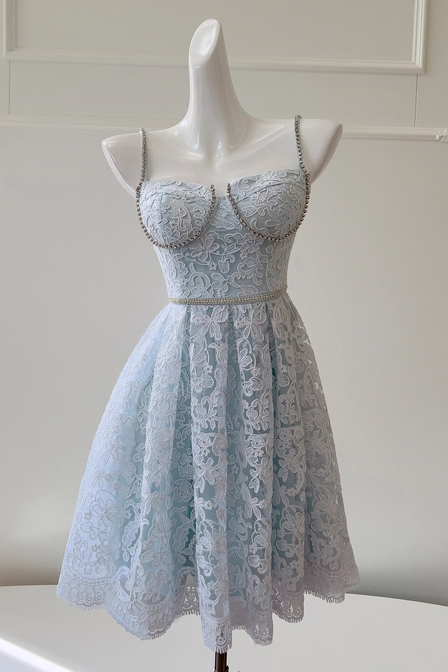 Blue Lace A-Line Beaded Straps Empire Short Homecoming Dress