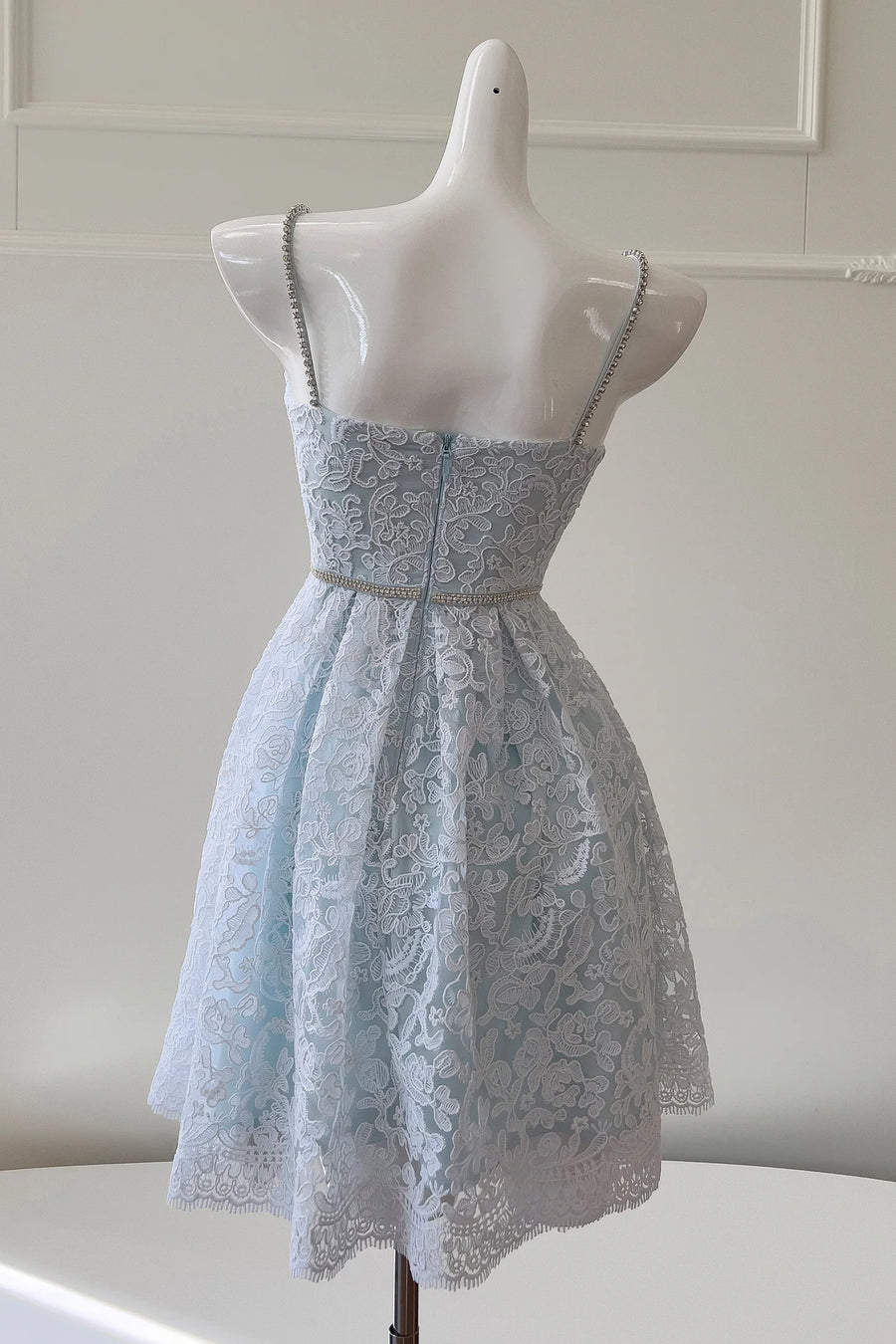 Blue Lace A-Line Beaded Straps Empire Short Homecoming Dress