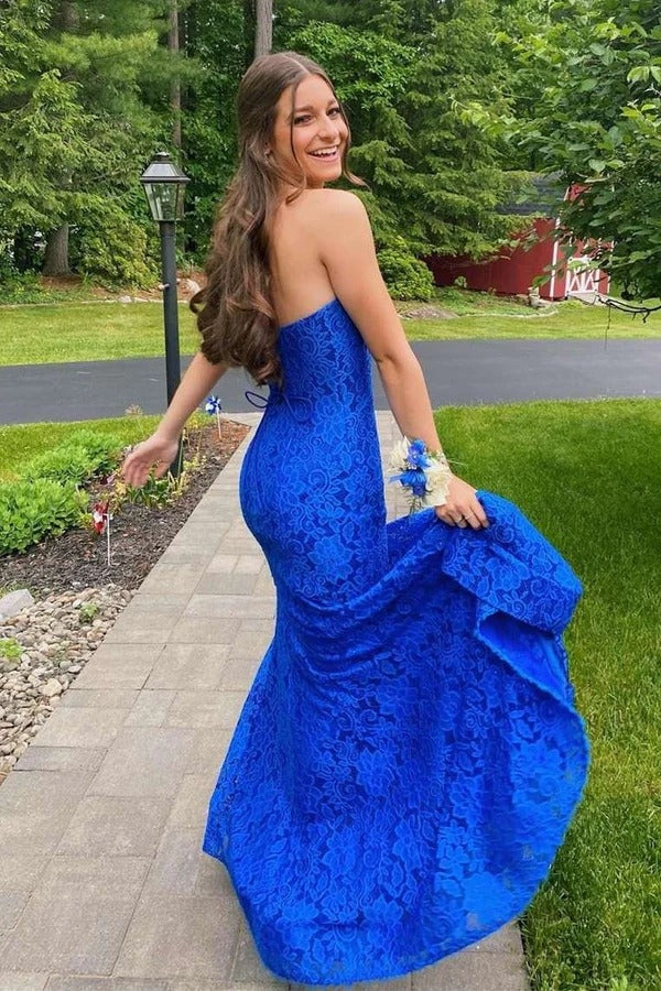 Blue Lace Strapless Empire Mermaid Party Prom Dress With Slit