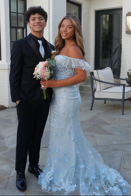 Blue Mermaid Lace Floral Mermaid Off-Shoulder Party Prom Gown 