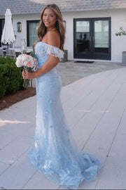 Blue Mermaid Lace Floral Mermaid Off-Shoulder Party Prom Gown 
