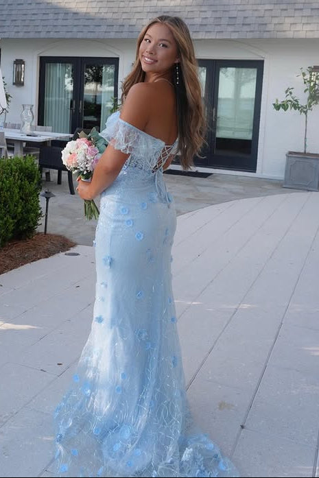 Blue Mermaid Lace Floral Mermaid Off-Shoulder Party Prom Gown 