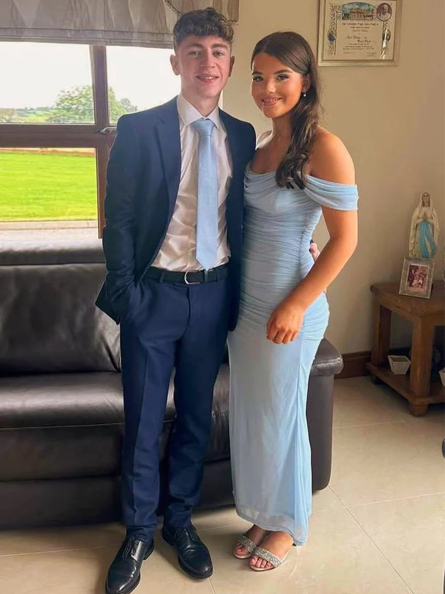 Bateau Off-Shoulder Fitted Pleated Party Prom Dress