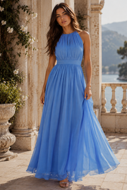 Blue Round Sleeveless Empire A-Line Chiffon Long Bridesmaid Dress