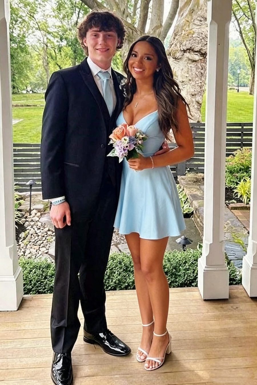 Blue Satin A-Line V-Neck Lace-Up Party Homecoming Dress