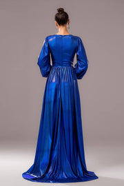 Blue Satin A-Line V-Neck Long Sleeves Party Evening Dress