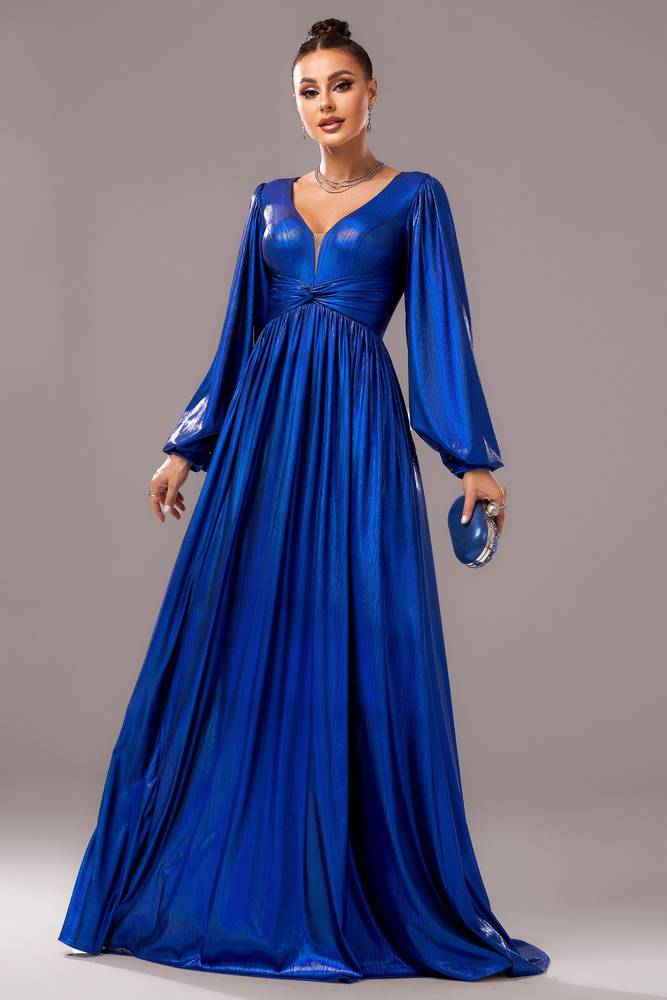 Blue Satin A-Line V-Neck Long Sleeves Party Evening Dress