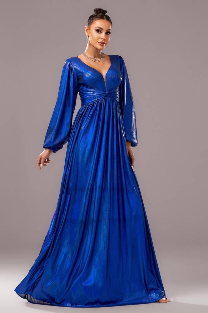 Blue Satin A-Line V-Neck Long Sleeves Party Evening Dress