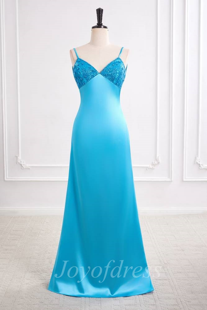 Blue Satin A-Line V-Neck Sleeveless Long Prom Evening Dress