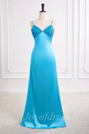 Blue Satin A-Line V-Neck Sleeveless Long Prom Evening Dress