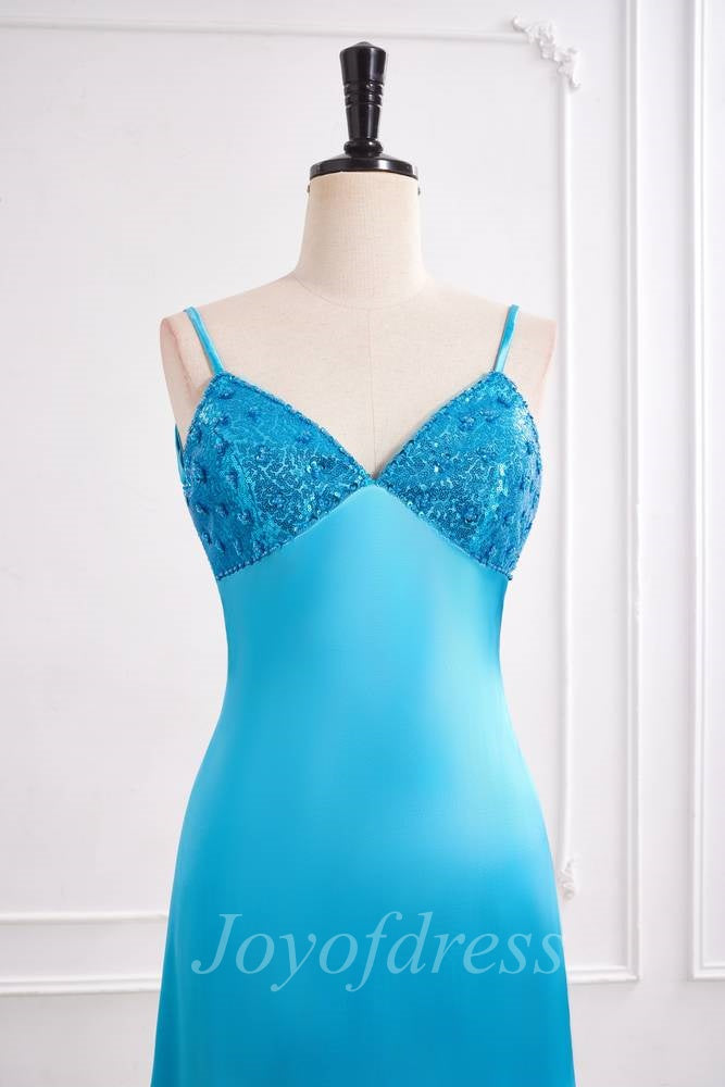 Blue Satin A-Line V-Neck Sleeveless Long Prom Evening Dress