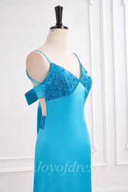 Blue Satin A-Line V-Neck Sleeveless Long Prom Evening Dress