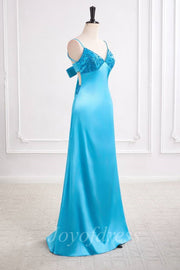 Blue Satin A-Line V-Neck Sleeveless Long Prom Evening Dress