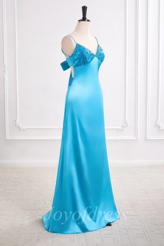 Blue Satin A-Line V-Neck Sleeveless Long Prom Evening Dress