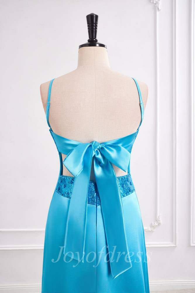 Blue Satin A-Line V-Neck Sleeveless Long Prom Evening Dress