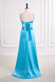 Blue Satin A-Line V-Neck Sleeveless Long Prom Evening Dress
