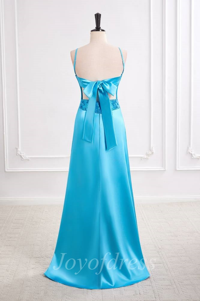 Blue Satin A-Line V-Neck Sleeveless Long Prom Evening Dress
