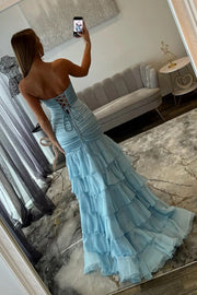 Blue Satin And Chiffon Strapless Pleated Tiered Party Prom Dress