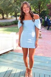 Blue Satin Fitted Off-Shoulder Empire Summer Party Homecoming Dress
