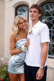 Blue Satin Sheath Ruffle Strapless Mini Party Homecoming Dress 