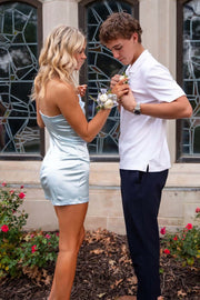 Blue Satin Sheath Ruffle Strapless Mini Party Homecoming Dress 