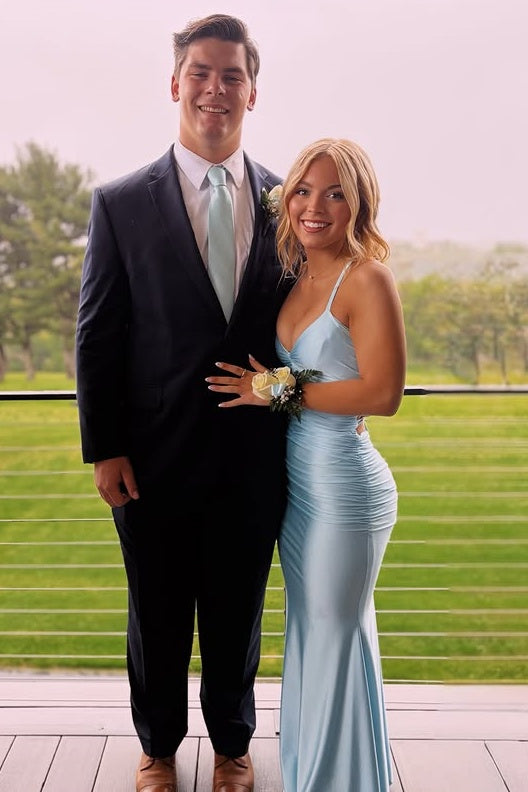 Blue Satin V-Neck Sleeveless Mermaid Maxi Party Prom Dress