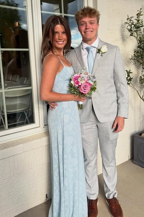 Blue Spaghetti Straps Floral Appliques Maxi Party Prom Dress