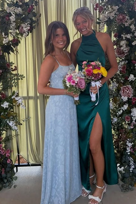 Blue Spaghetti Straps Floral Appliques Maxi Party Prom Dress