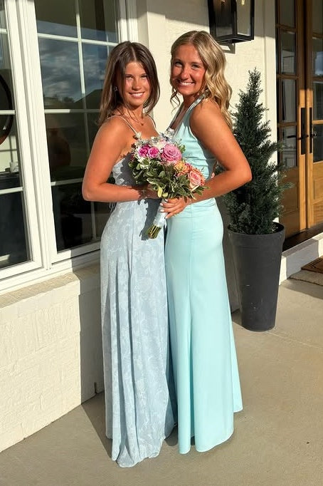 Blue Spaghetti Straps Floral Appliques Maxi Party Prom Dress