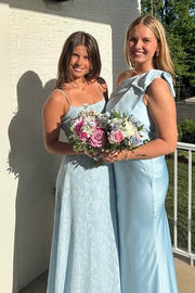 Blue Spaghetti Straps Floral Appliques Maxi Party Prom Dress
